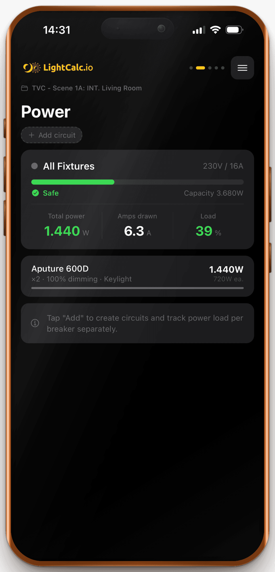 LightCalc iOS — circuit power tracking
